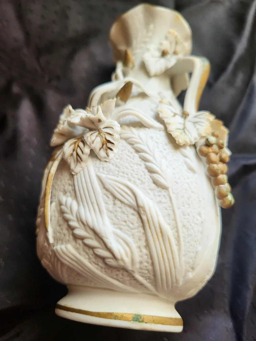 Textured White Bisque Ceramic Floral 6 Inch Vase with Grapes And Wheat